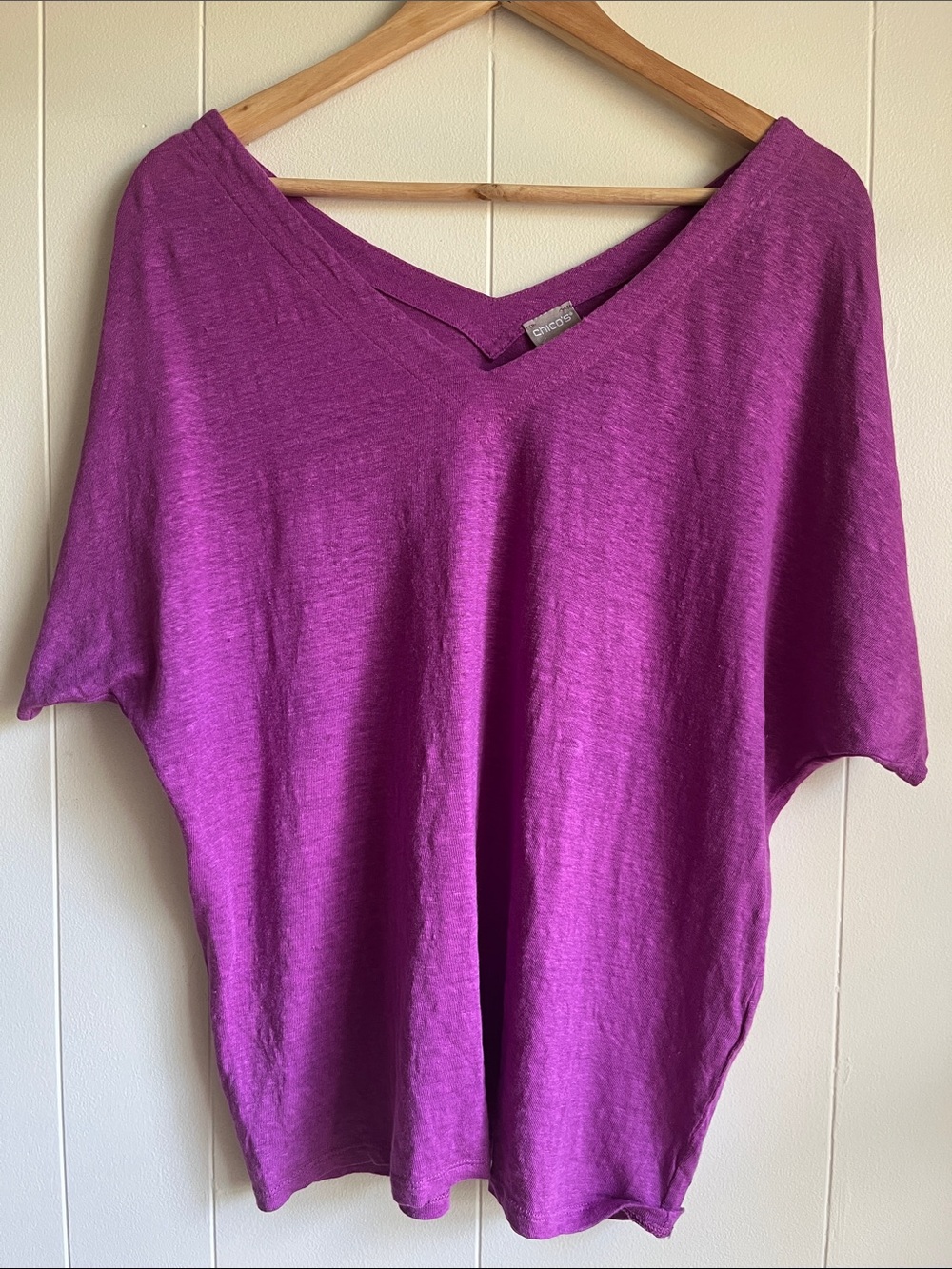Chicos V-Neck Women's 100% Linen Boho Dolman Sleeve Top in Magenta Sz 3 or XL